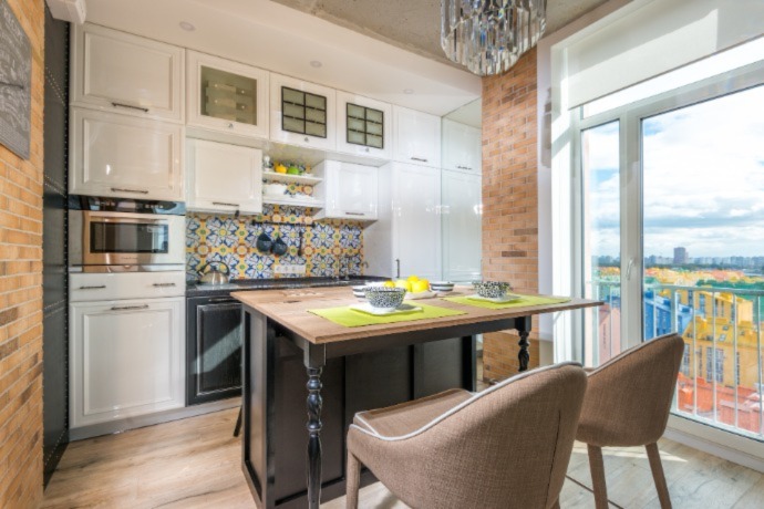 kitchen island with added green and blue colors