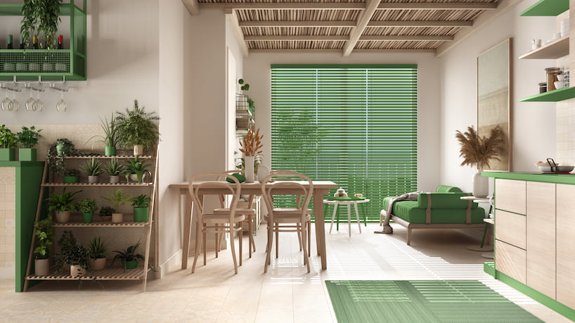 living area with plants and sustainable wooden furniture