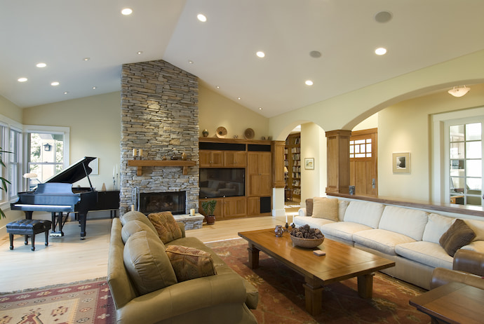 Home interior with stone fireplace