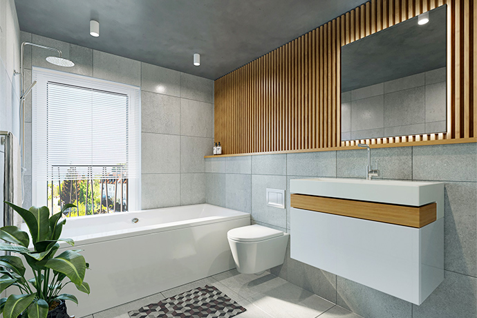 White and gray bathroom design with natural wood accents and contemporary lighting fixtures.