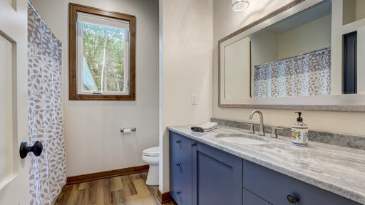Tranquil Bathroom with Blue Cabinets