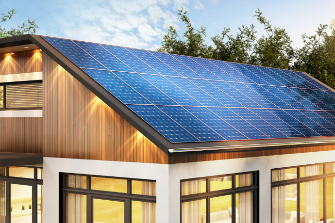 luxury home with sustainable design and rooftop solar panels