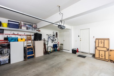 organized garage with storage and cabinets