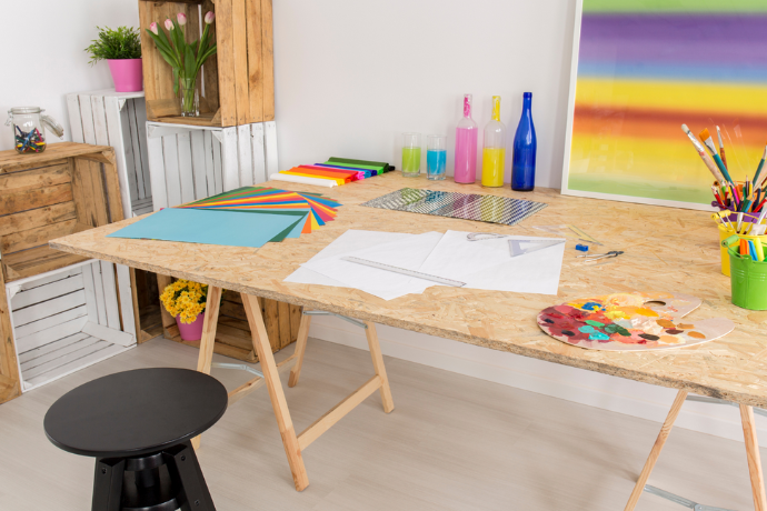 Art studio with easel and art supplies