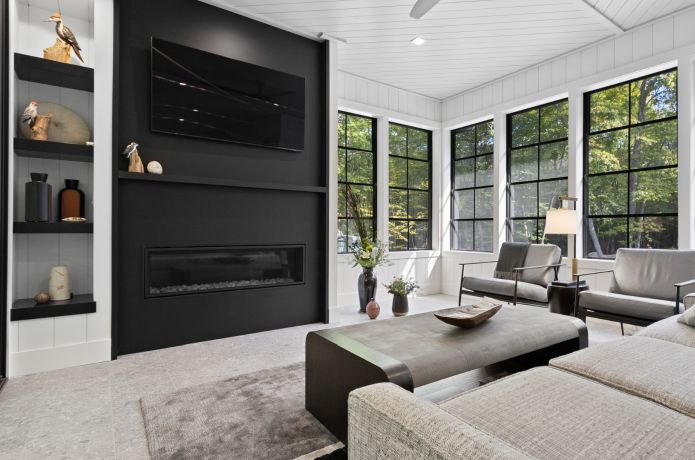 Modern white living room with black accents