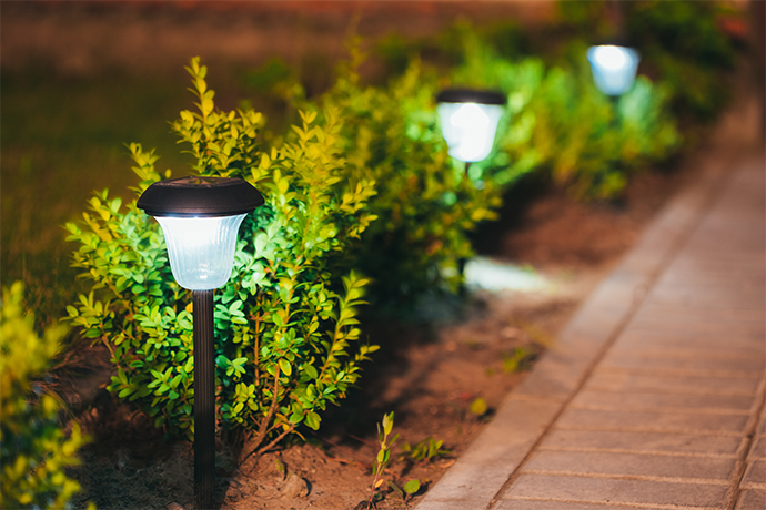 solar-powered exterior light alongside of the walkway and bushes 