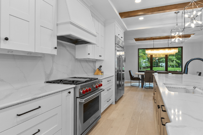 luxury kitchen with white cabinets and silver fixtures