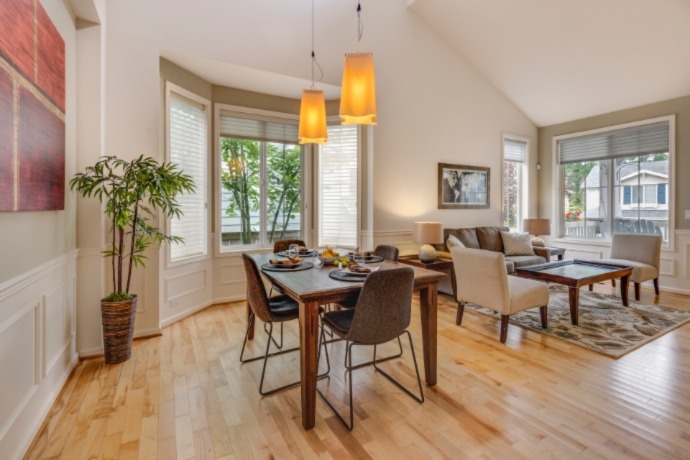 a living room with a bamboo flooring