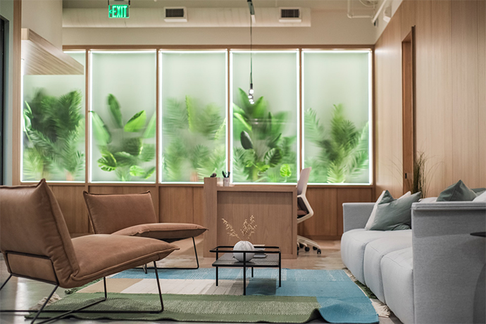 comfortable senior living space with earth tones, grey couch, brown chairs, lots of green plants behind the window