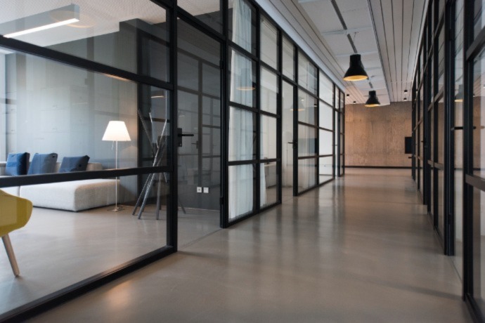 an office space with big double glazed windows