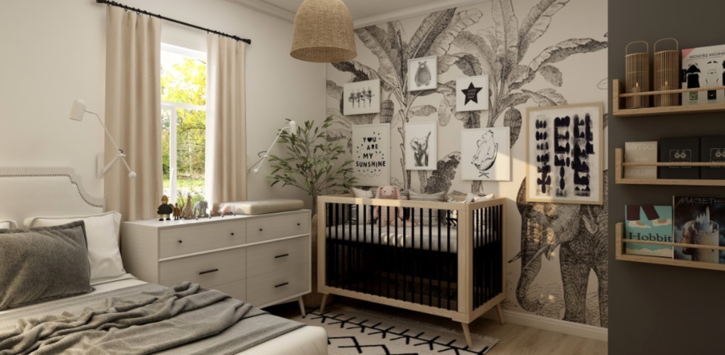a focus corner in the bedroom with pictures on the wall and a crib