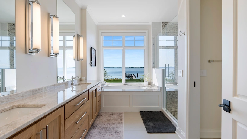 bathroom with stone like tile