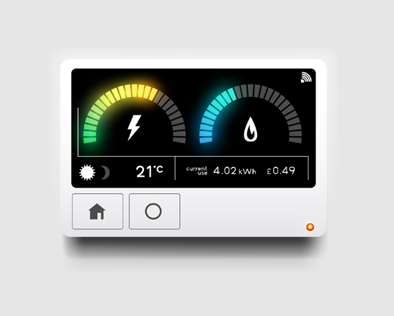 Full color display of mounted energy meter on wall.